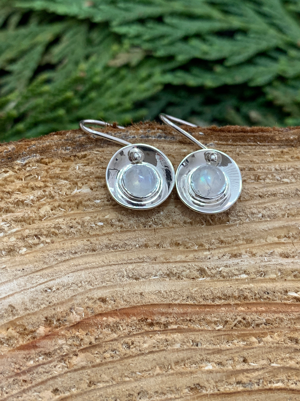 Thumbnail: Medium Sterling Silver and Rainbow Moonstone 'Wolf Moon' Drop Earrings