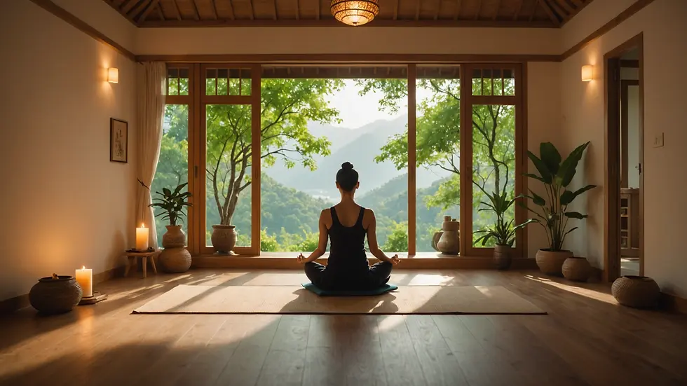 Eye-level view of a serene meditation space with soft lighting