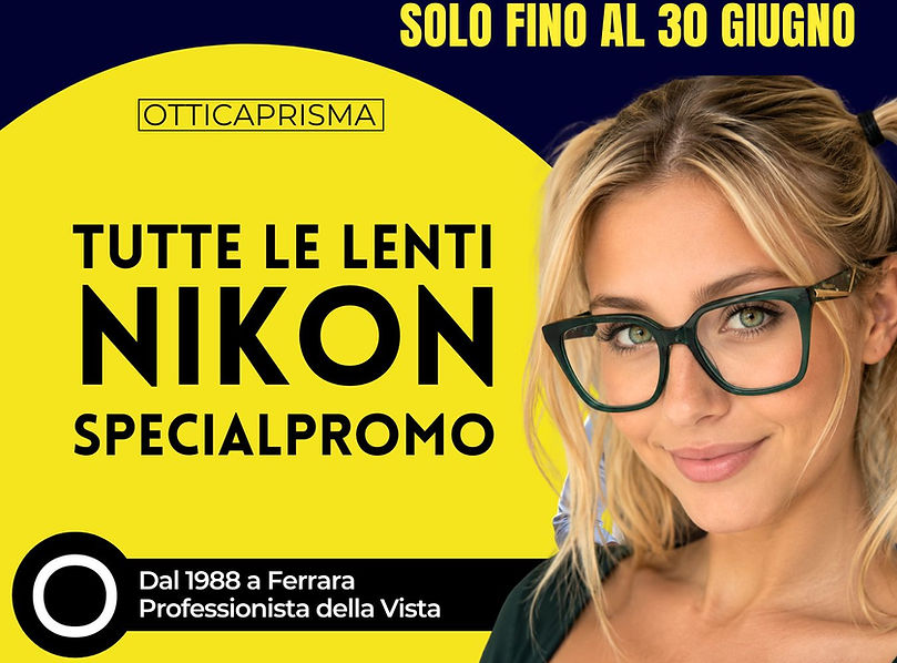 Promo lenti progressive Nikon presso Ottica Prisma a Ferrara. Donna con occhiali da vista neri su sfondo giallo e blu. Offerta valida fino al 30 giugno.