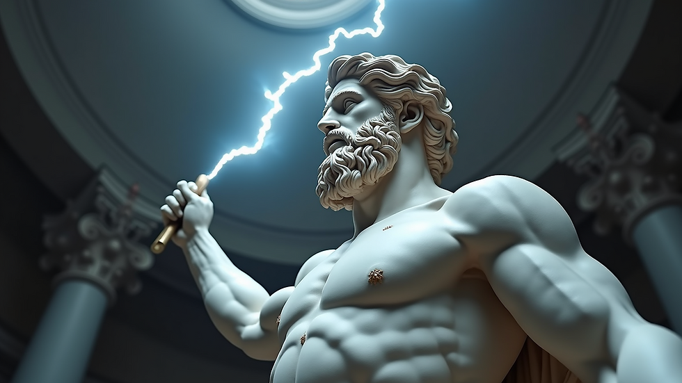 Eye-level view of a marble statue of Zeus holding a lightning bolt