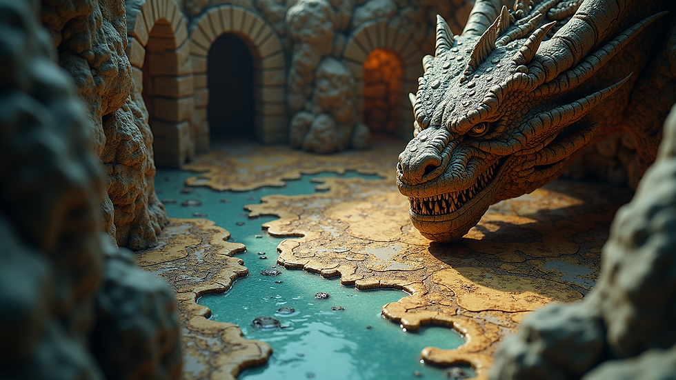 High angle view of a fantasy tabletop RPG map featuring a Gorgon’s lair