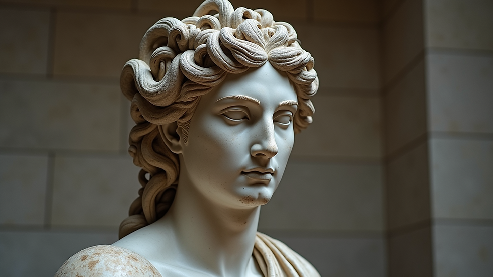 Eye-level view of ancient Greek statue of Medusa