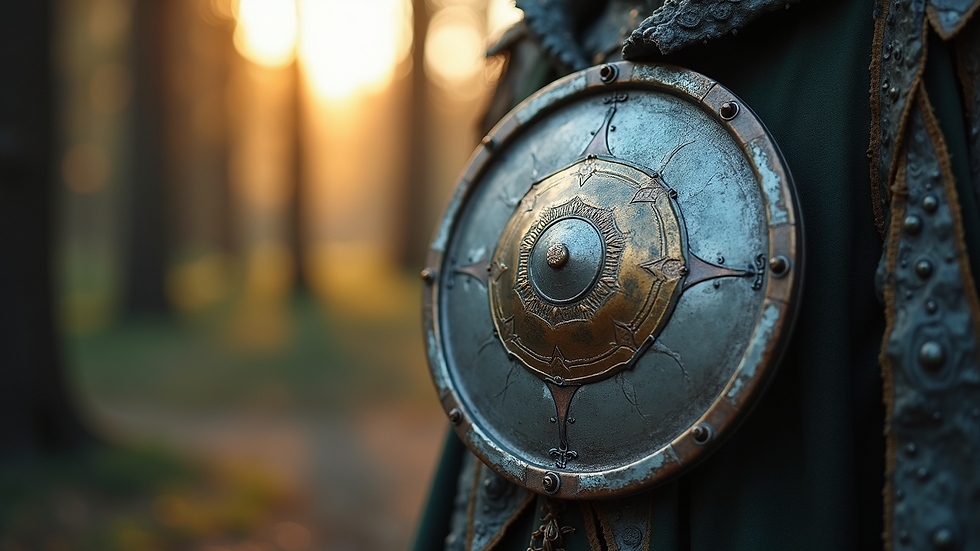 Close-up view of a reflective shield used in mythological tales