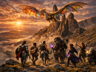 An ancient golden dragon flies overhead as a group of adventurers journeys on their quest.