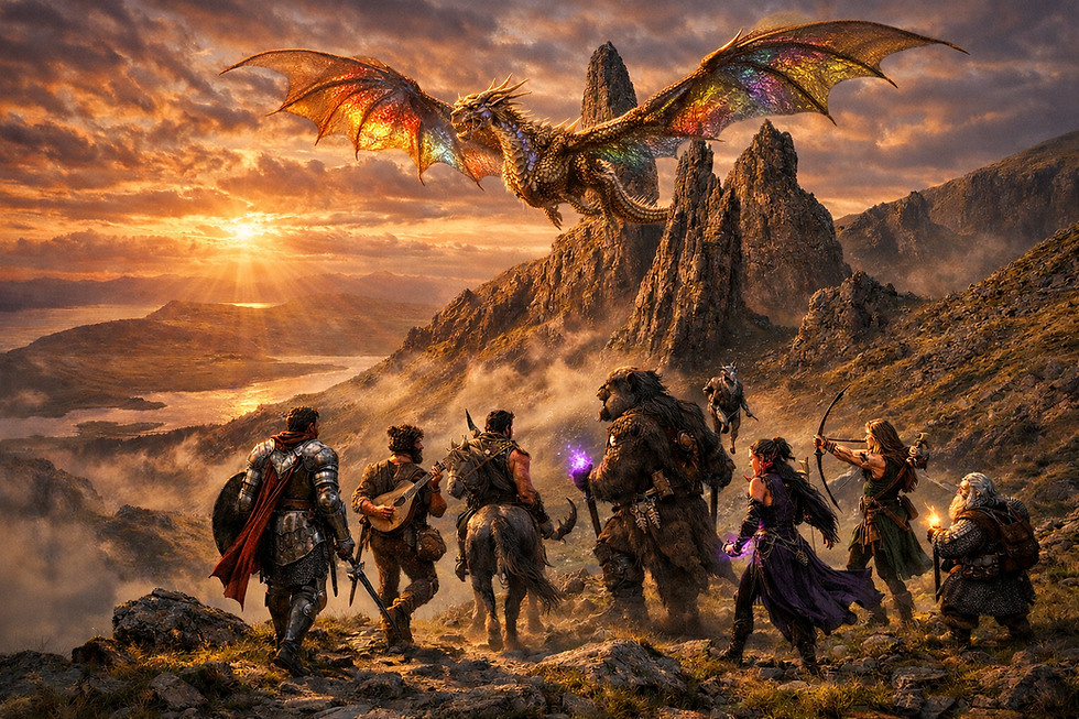 An ancient golden dragon flies overhead as a group of adventurers journeys on their quest.