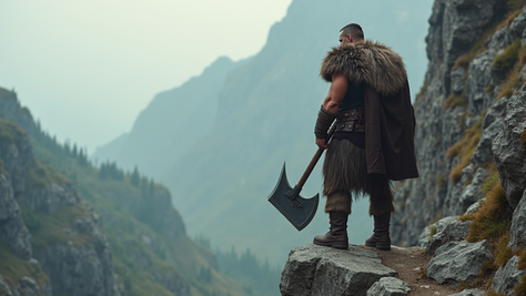 A fierce barbarian warrior overlooking a battlefield