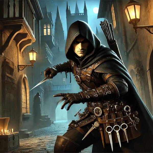 A hooded figure with a dagger creeps through a dim, cobblestone alley lit by lanterns. Gothic architecture and a full moon set an eerie mood.