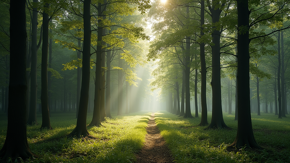 Eye-level view of a misty forest with ancient trees