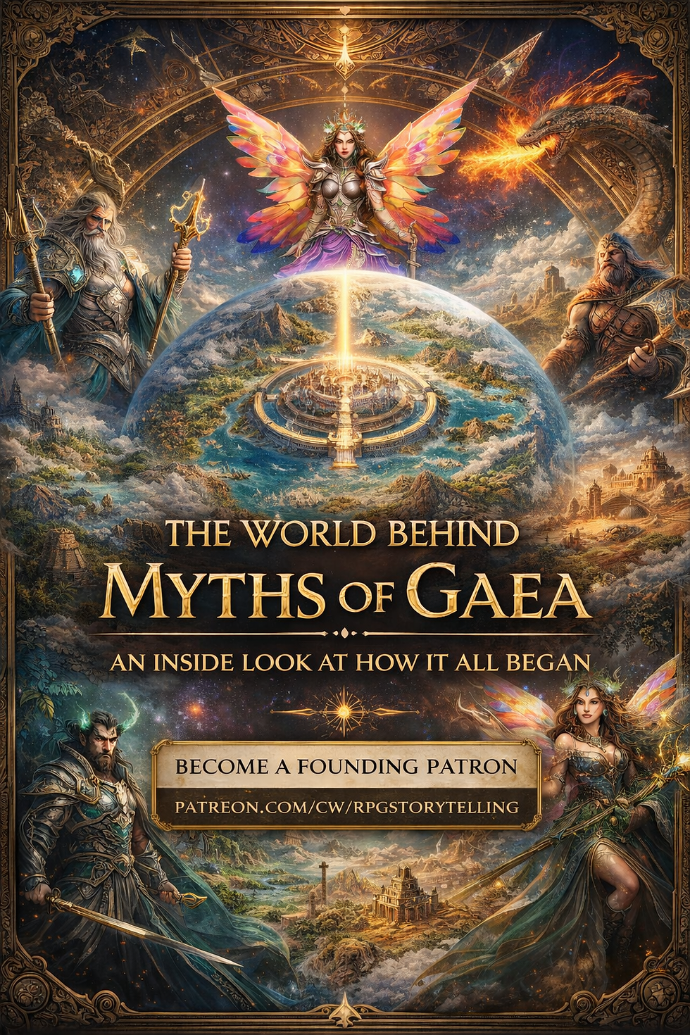 Myths of Gaea fantasy world map inspired by global mythology and ancient history
