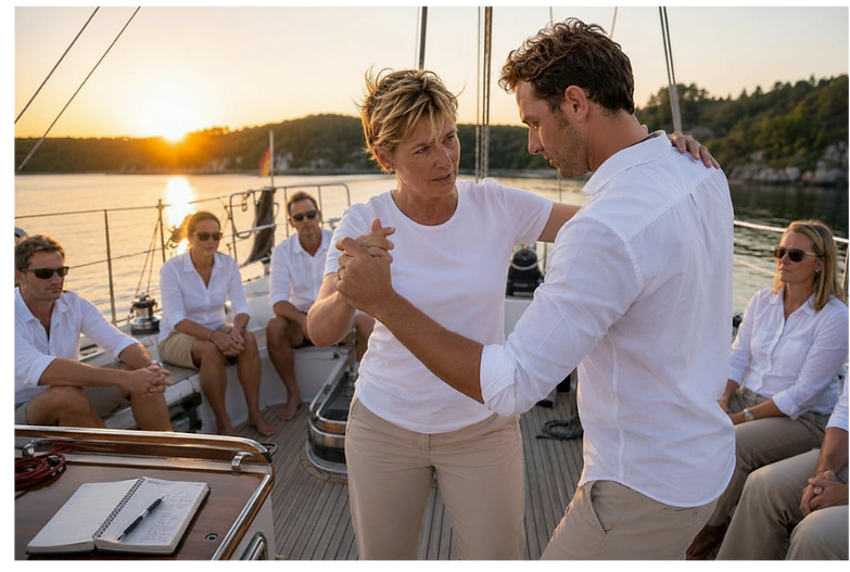 Anja tanzt mit einer Führungskraft an Deck einer Jacht Tango, 2016