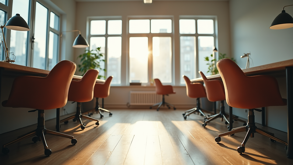 Eye-level view of a stylish office space featuring restored vintage chairs and desks