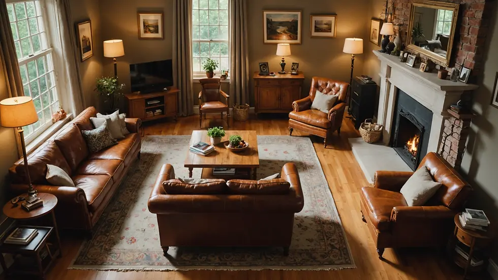 High angle view of a cozy living space featuring restored furniture pieces