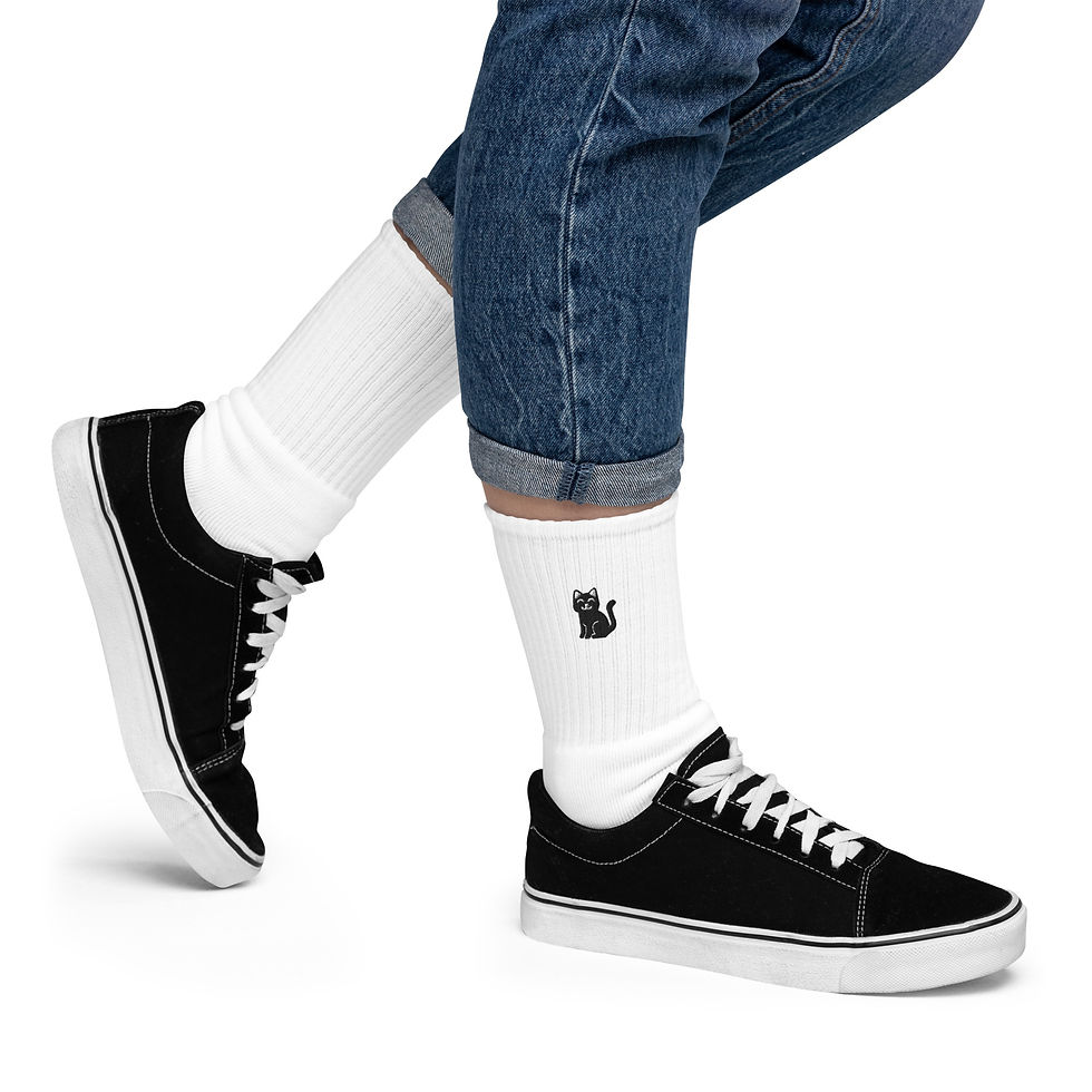 Thumbnail: Embroidered Cat Cushioned Comfort US-made Crew Socks