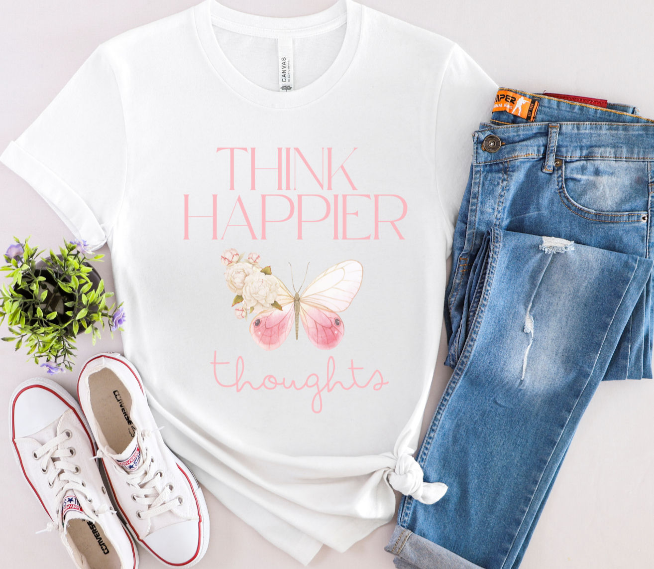 Butterfly Graphic, Unisex Cotton T-shirt, "Think Happier Thoughts" T-shirt