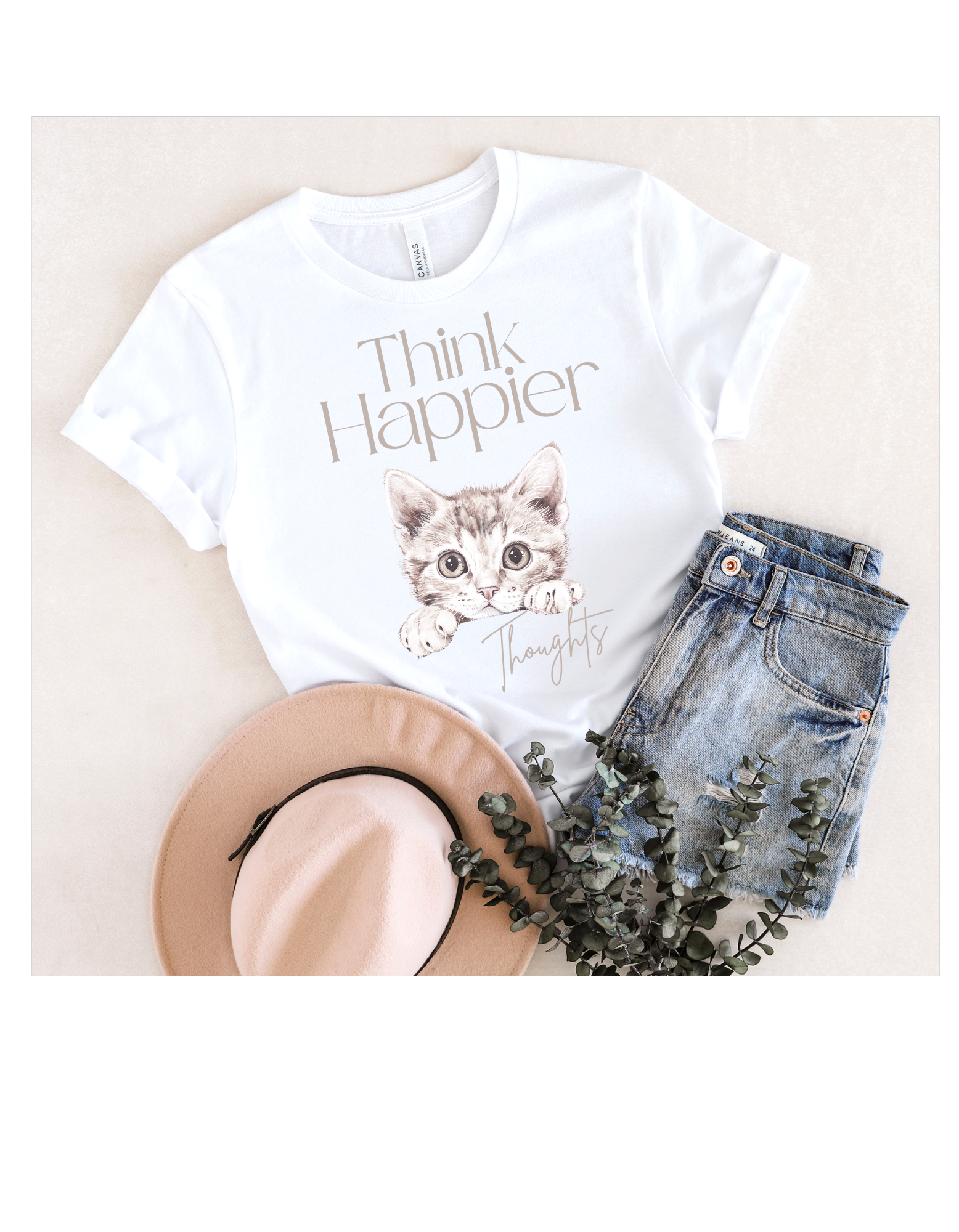 Cat Graphic Unisex Cotton T-shirt, Think Happier Thoughts Quote for Positivity