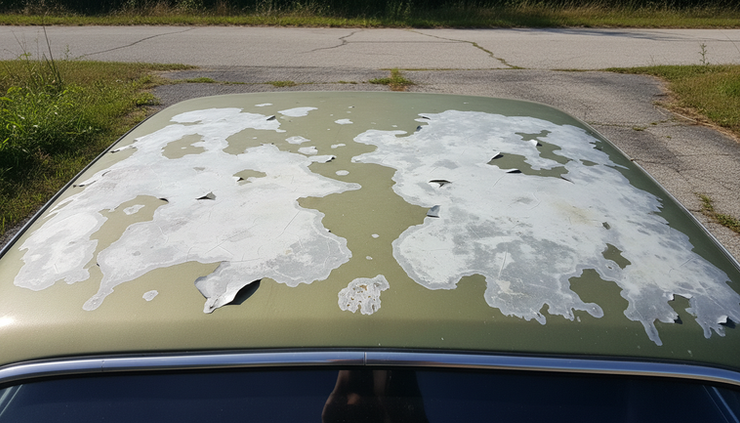 Wide-angle view of a faded car roof with cloudy clear coat damage.