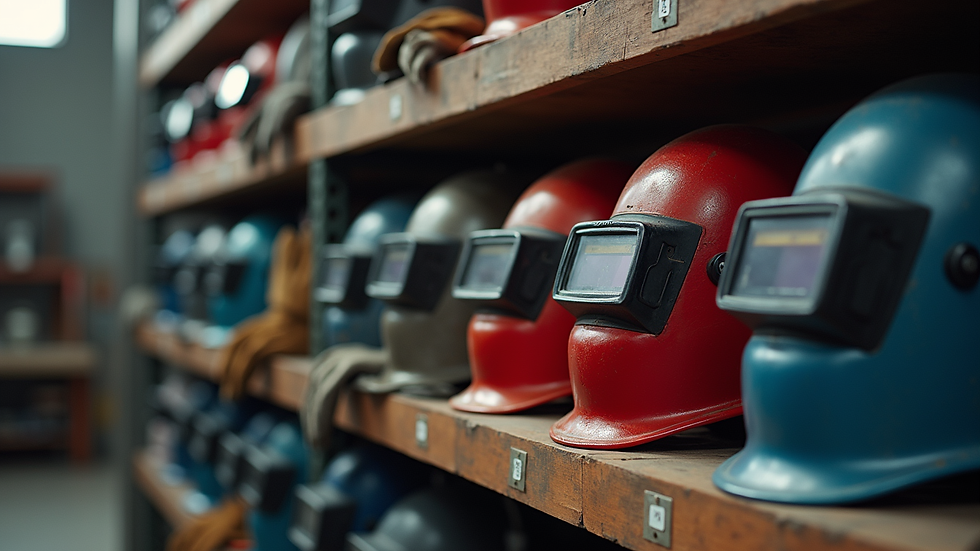 Close-up view of various welding helmets and gloves displayed on shelves