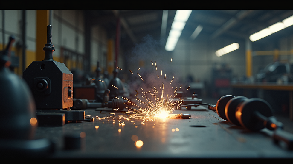Eye-level view of a workbench with welding equipment and automotive tools
