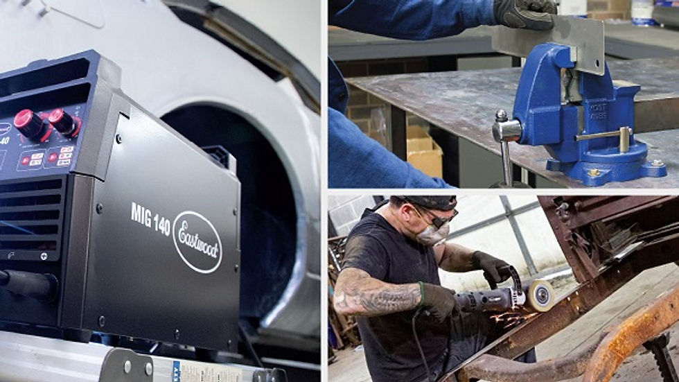 Eye-level view of a variety of automotive tools displayed on a workbench