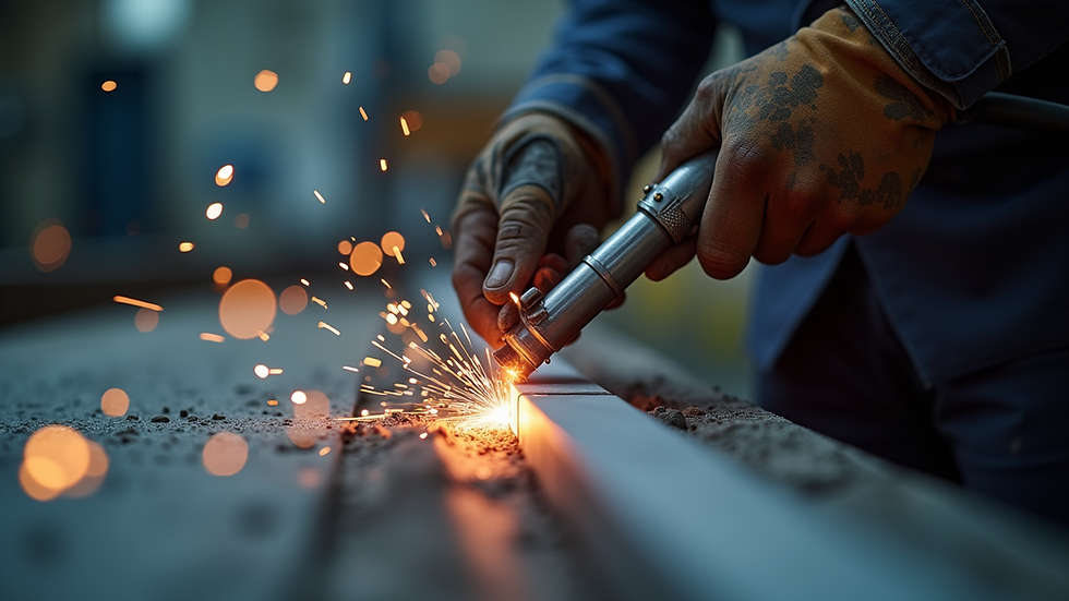 Close-up view of plasma cutting torch aligned with metal guide rail