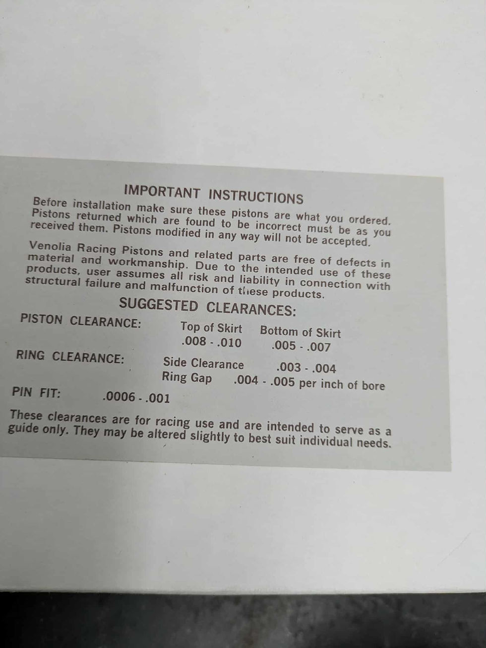 Miniature : Specification venolia pistons
