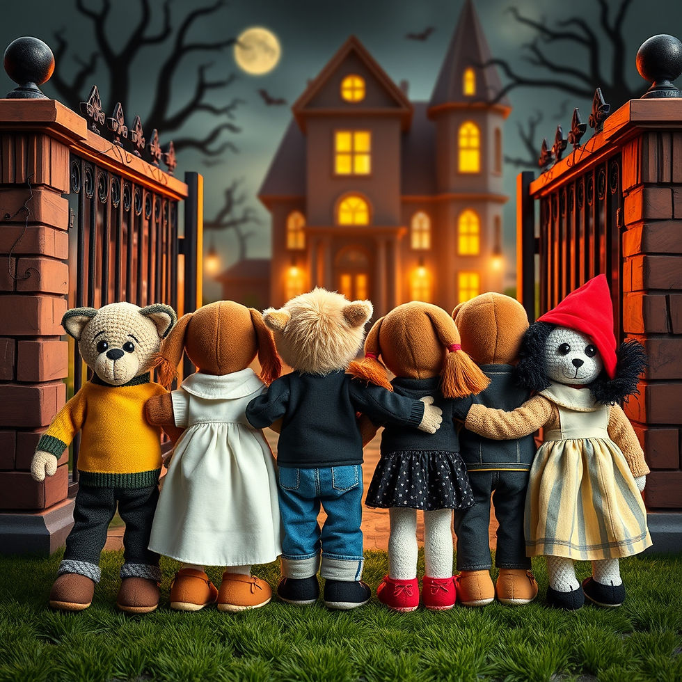 8 stuffed animal 8 year old boys and girls, towards the gates of a spooky haunted house.