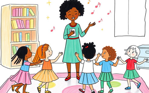A very simple child's drawing of nursery school children dancing and singing on the classr