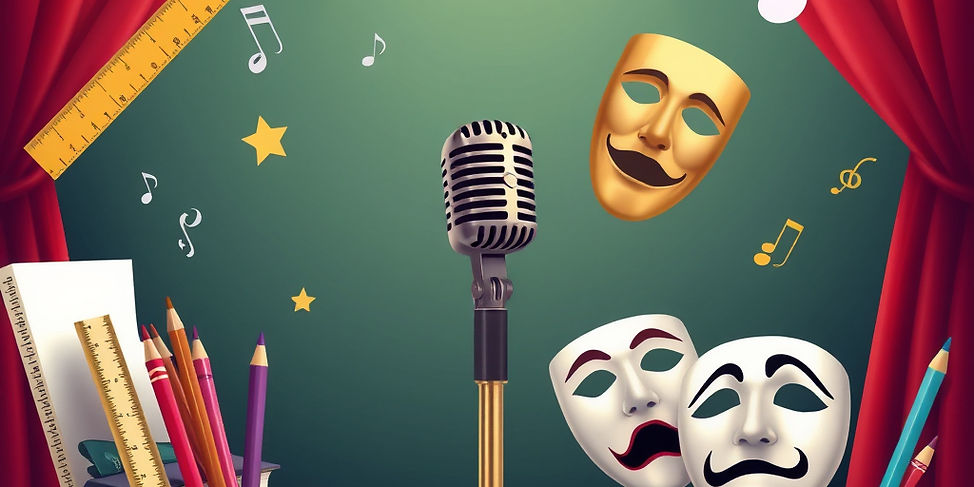 theme with books, rulers, pencils, crayons, microphone, music notes, comedy & tragedy mask