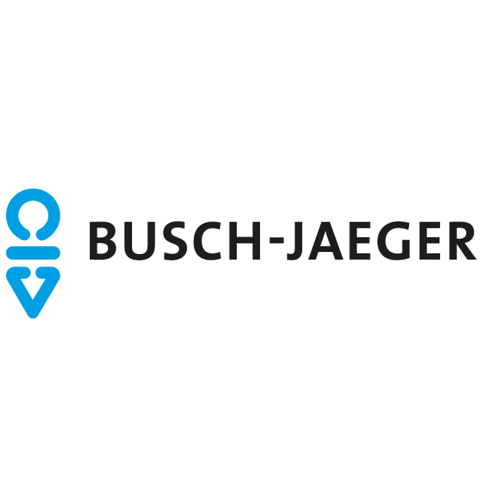 Logo von Busch-Jaeger, mit blauem Symbol und Schriftzug auf weißem Hintergrund.