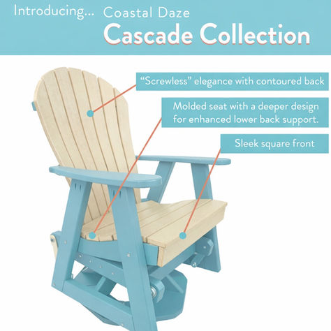 Coastal Daze Cascade Collection Adirondack glider chair in blue and cream HDPE