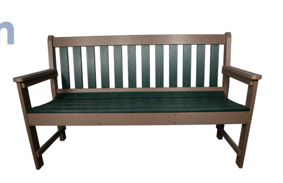 Outdoor wooden bench with green seating and a brown frame, for relaxing.