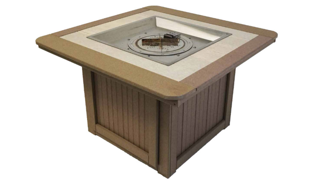 Outdoor square fire pit table with a stainless steel fire bowl and detail.