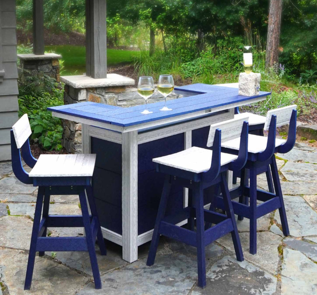Outdoor bar with white and blue bar stools, surf board table