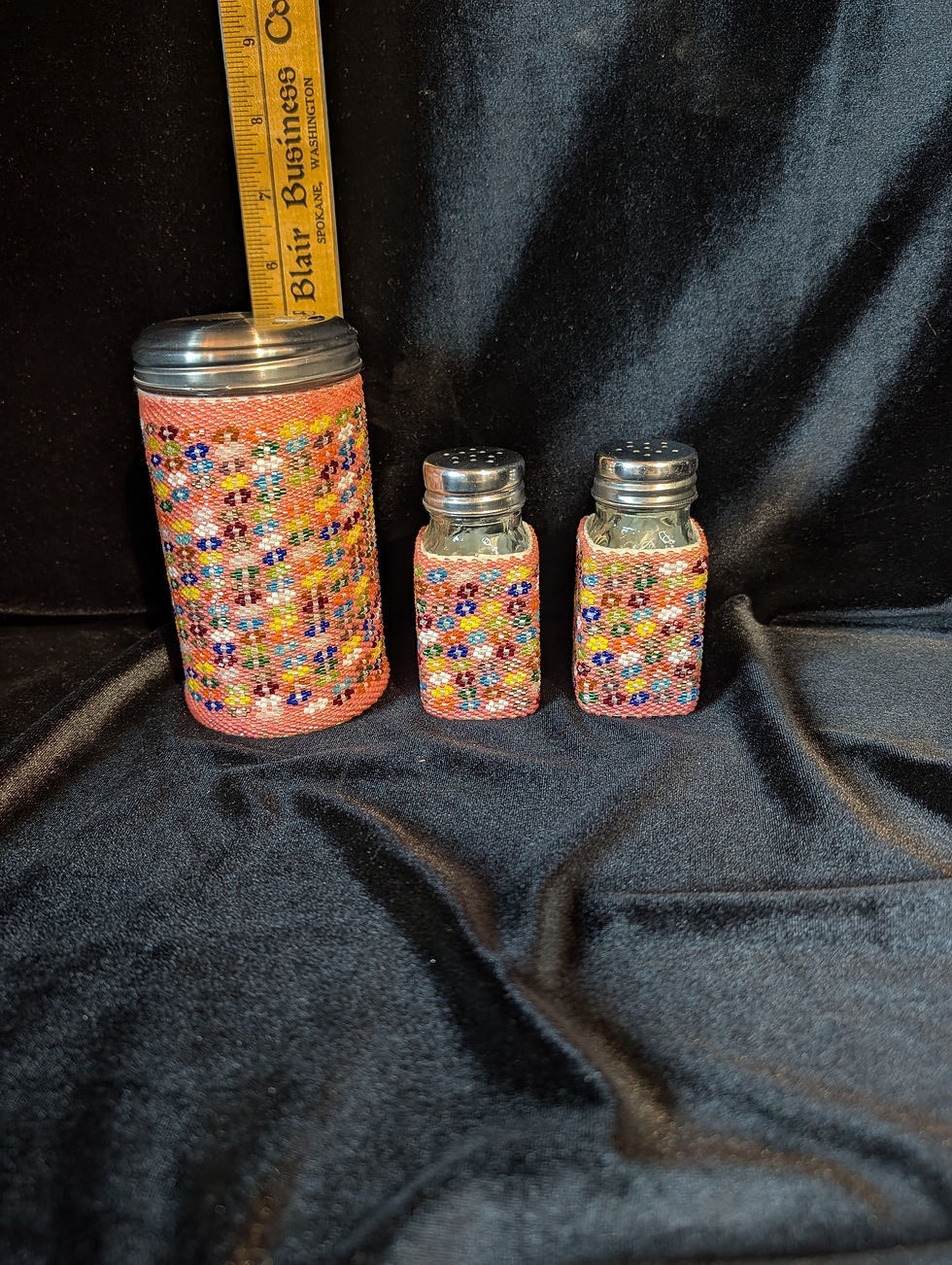 Thumbnail: Set of 3 pink hand beaded Salt & Pepper and Sugar shakers