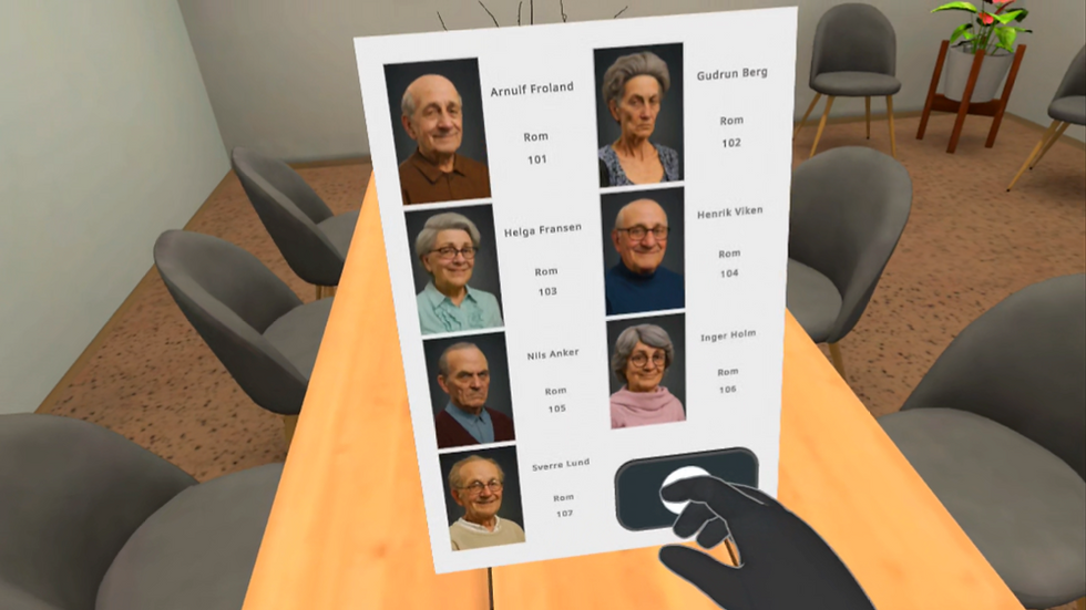 Screenshot from the VR application: The user is presented with an overview of different fictional residents and chooses whom they want to assist.