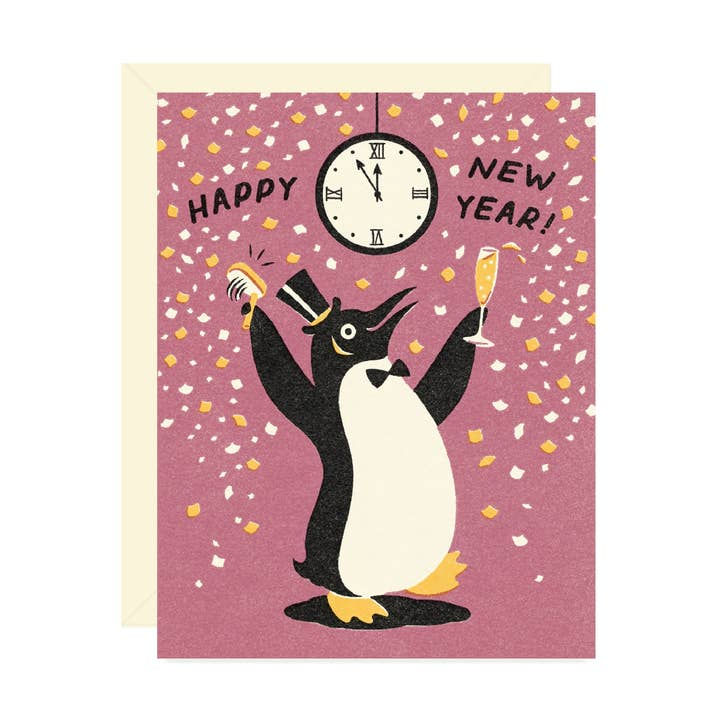 Happy New Year Dapper Penguin Greeting Card