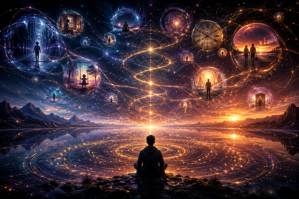 A seated figure looks across water toward floating scenes of different life chapters, linked by golden spirals.