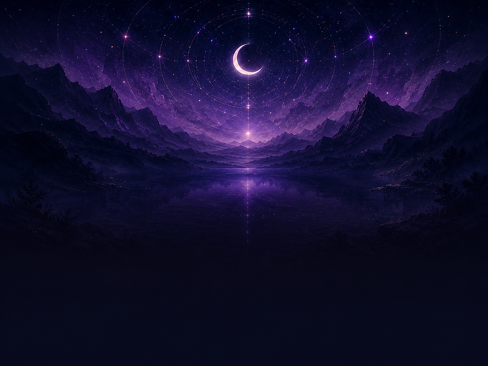 A crescent moon above a violet mountain lake with reflected starlight, illustrating evening reflection and integration.