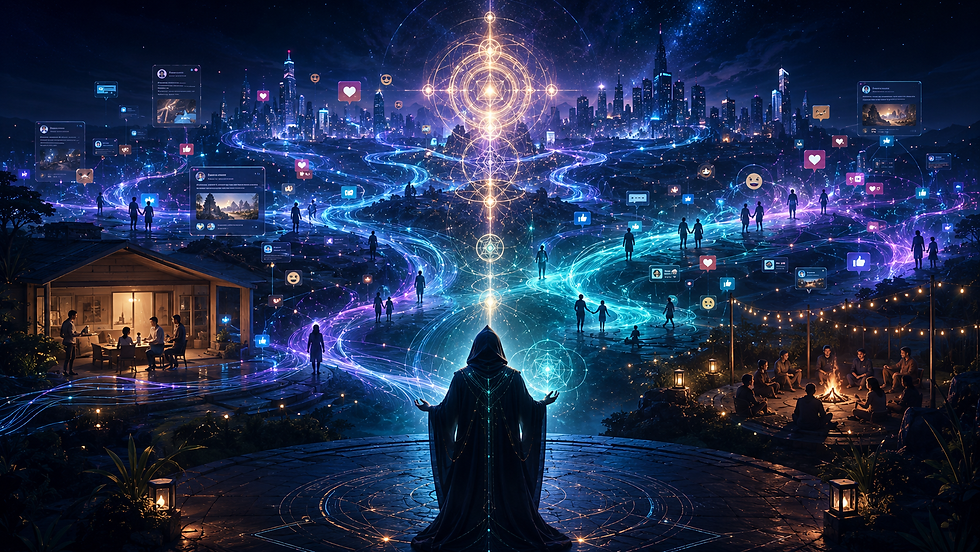 A hooded figure overlooking a city, digital posts, reaction symbols, and small gatherings connected by blue and violet light.