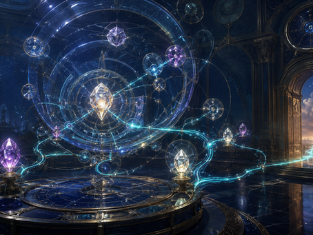 Nested rings and crystalline nodes connect through cyan light paths in an indigo observatory, with one path extending through an open doorway.