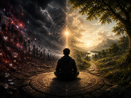 A meditating figure seated between a chaotic dark cityscape and a peaceful golden landscape, representing the difference between reactive distortion and conscious resonance.