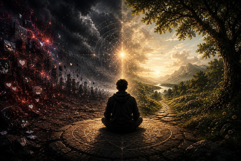 A seated figure between dark floating message symbols and a sunlit landscape.
