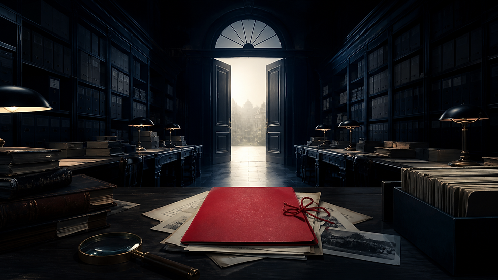 Conceptual illustration of a red source folder in an archive reading room opening toward daylight.
