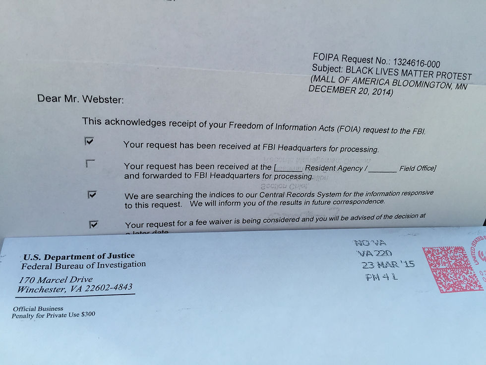FBI FOIA correspondence photographed on April 2, 2015. An archival example of the request process, not a newly released redacted record. Photo: Tony Webster. Image unmodified.