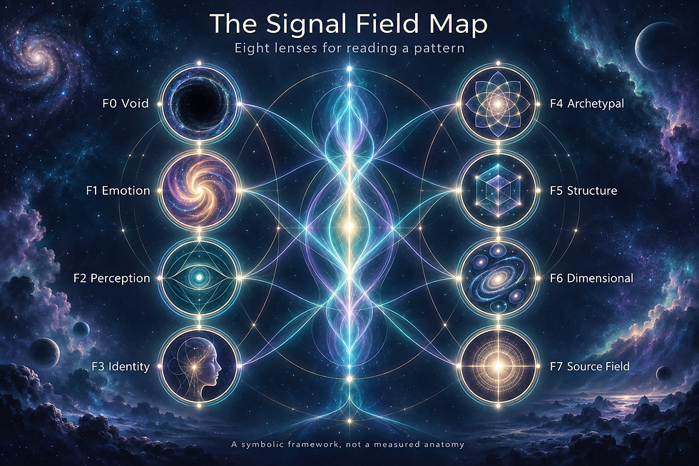 Symbolic Signal Field map showing the eight canonical lenses: F0 Void, F1 Emotion, F2 Perception, F3 Identity, F4 Archetypal, F5 Structure, F6 Dimensional and F7 Source Field.