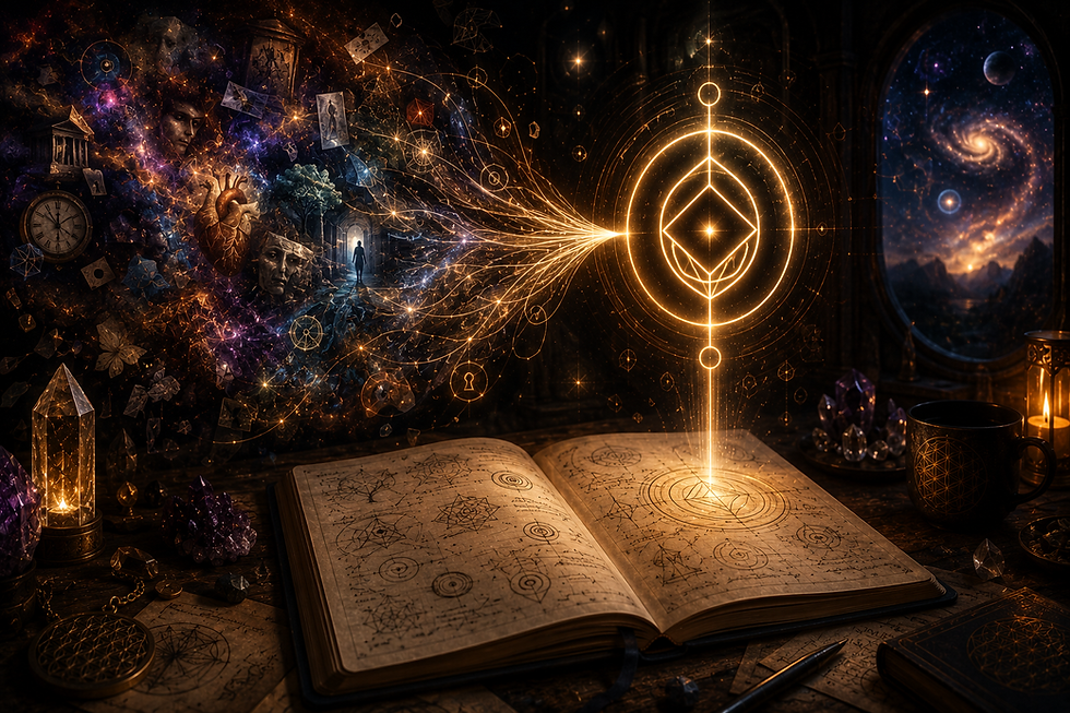 An open symbolic journal beneath a luminous geometric sigil, with scattered memory fragments, glyphs, archetypal images, and cosmic patterns converging into a single compressed symbol of meaning.