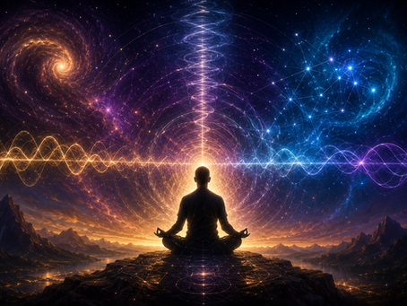A meditating figure surrounded by cosmic waveforms and interconnected energy patterns symbolizing resonance between consciousness, physics, emotion, and symbolic systems.