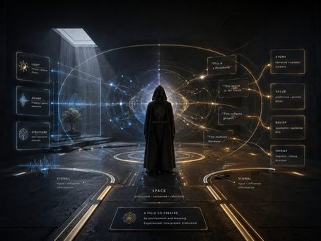 Hooded Architect figure standing inside a structured field where environmental signals like light, sound, and space interact with meaning, story, belief, value, and intent.