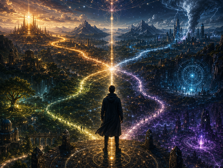 A lone figure standing at the convergence of glowing dimensional pathways leading through contrasting civilizations beneath geometric cosmic structures and a luminous resonance axis in the night sky.