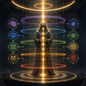 Hooded Architect figure standing inside a luminous alignment chamber as body, emotion, thought, environment, relationship, memory, and identity signals align into one coherent vertical axis.
